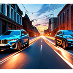 A dynamic, split image of a BMW X5 Hybrid. On the left, the car glides silently through a tranquil, futuristic urban street at dawn, emitting a subtle electric blue glow, embodying serene electric mode. On the right, it powerfully accelerates on an open, dynamic highway at dusk, with streaks of orange and red light trails, conveying explosive internal combustion power. The transition is seamless, with motion blur, high angle, sophisticated, and premium automotive photography.