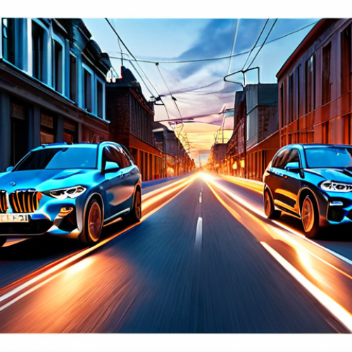 Home 11 A dynamic, split image of a BMW X5 Hybrid. On the left, the car glides silently through a tranquil, futuristic urban street at dawn, emitting a subtle electric blue glow, embodying serene electric mode. On the right, it powerfully accelerates on an open, dynamic highway at dusk, with streaks of orange and red light trails, conveying explosive internal combustion power. The transition is seamless, with motion blur, high angle, sophisticated, and premium automotive photography.