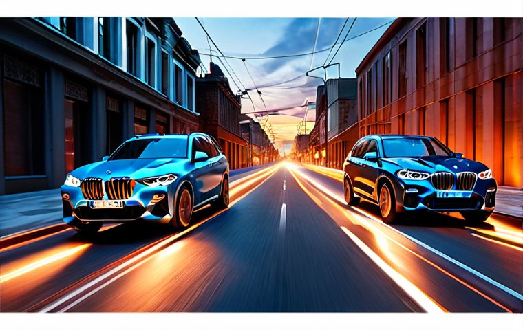 A dynamic, split image of a BMW X5 Hybrid. On the left, the car glides silently through a tranquil, futuristic urban street at dawn, emitting a subtle electric blue glow, embodying serene electric mode. On the right, it powerfully accelerates on an open, dynamic highway at dusk, with streaks of orange and red light trails, conveying explosive internal combustion power. The transition is seamless, with motion blur, high angle, sophisticated, and premium automotive photography.
