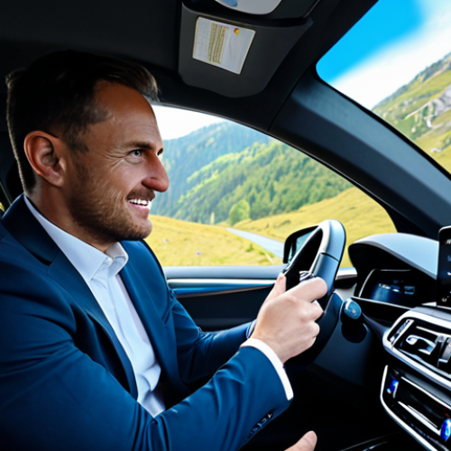 Home 6 A professional male driver, fully clothed in a crisp business suit, expertly navigating a sleek BMW iX3 electric SUV on a winding, well-maintained mountain road, showcasing its dynamic rear-wheel-drive handling and responsive steering. The interior highlights the driver-centric cockpit with a modern digital display and iDrive controller, perfectly capturing a high-tech, engaging driving experience. Sunny outdoor lighting. perfect anatomy, correct proportions, natural pose, well-formed hands, proper finger count, natural body proportions, safe for work, appropriate content, fully clothed, professional, high quality, professional photography.
