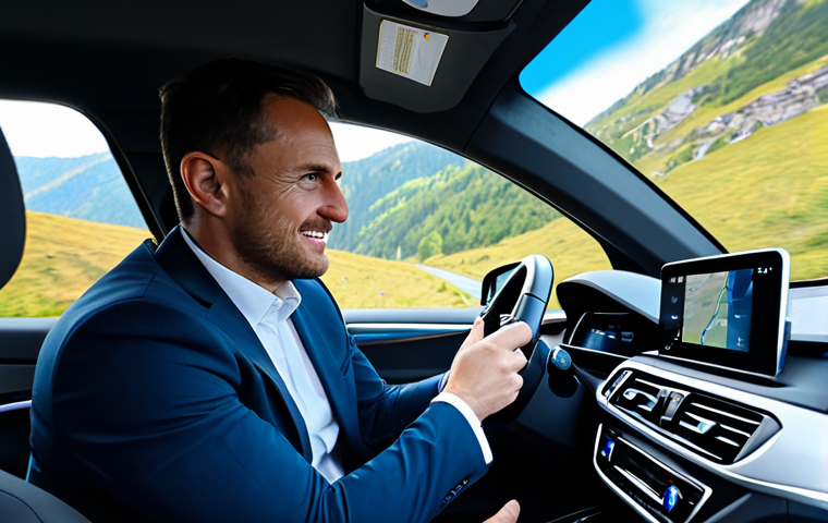 A professional male driver, fully clothed in a crisp business suit, expertly navigating a sleek BMW iX3 electric SUV on a winding, well-maintained mountain road, showcasing its dynamic rear-wheel-drive handling and responsive steering. The interior highlights the driver-centric cockpit with a modern digital display and iDrive controller, perfectly capturing a high-tech, engaging driving experience. Sunny outdoor lighting. perfect anatomy, correct proportions, natural pose, well-formed hands, proper finger count, natural body proportions, safe for work, appropriate content, fully clothed, professional, high quality, professional photography.